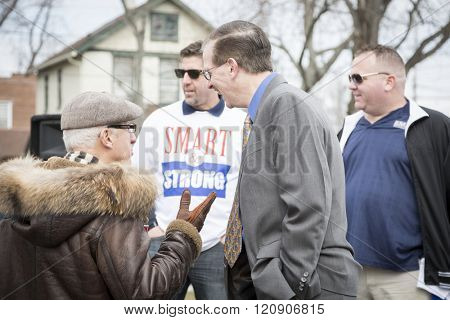 MAR 5, 2016 - WOODBRIDGE, NJ: Eugene Ruocchio, Vice Local Chairman for SMART TD on the stage after the rally held in support of 11 railway labor unions one week before the NJ Transit strike deadline.