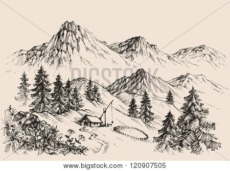 Mountains landscape and a sheepfold / farm sketch