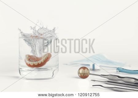 Teeth on mirror next to dentures in water
