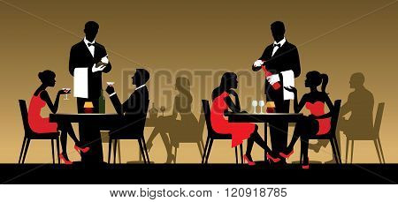 Silhouettes Of People Sitting At Tables In A Restaurant Or Night Club