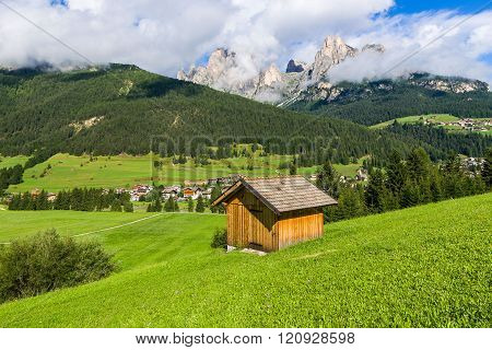 Idyllic Mountain Panorama During The Summer Season In Fassa Valley, Near Pozza Di Fassa