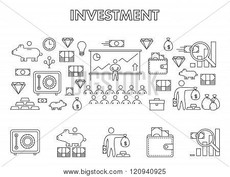 Vector line design concept web banner for investment. Modern linear horizontal banner for working together. Line creative style concept for web.