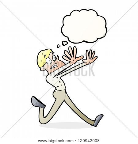 cartoon man running away with thought bubble