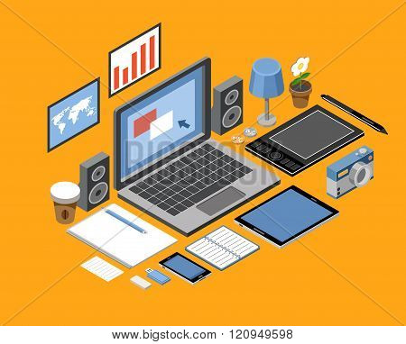 Flat isometric vector workspace. laptop tablet books camera office graphic tablet lamp coffee