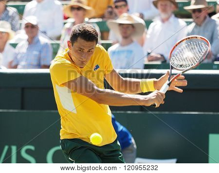 Bernard Tomic During Davis Cup playing a slice
