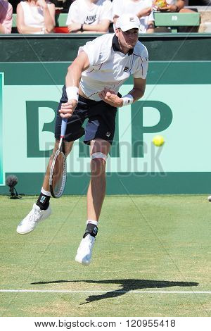 US Tennis player John Isner during Davis Cup serving to Sam Groth