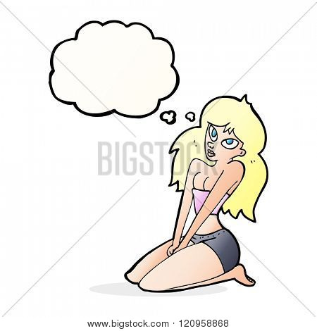 cartoon woman in skimpy clothing with thought bubble