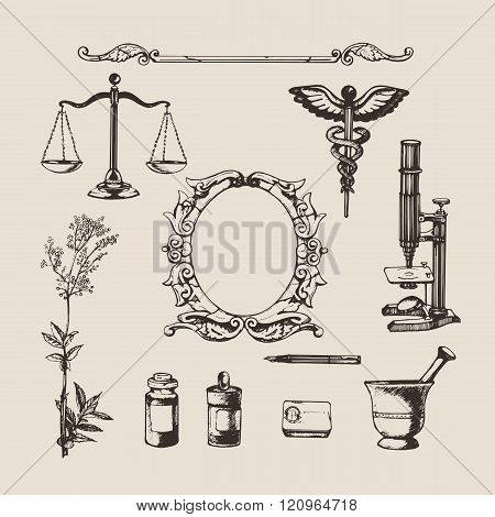 Set of hand-drawn elements of pharmacy or chemistry.
