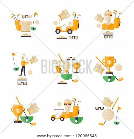 Golf, golf car, golf club, golf ball. Golf icons. Flat style vector illustration.