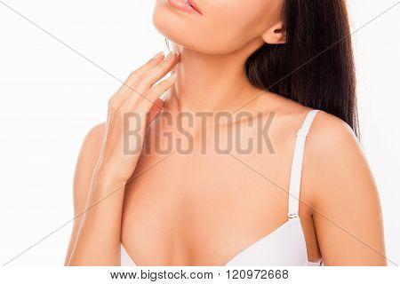 Close Up Photo Of Young Sexy Brunette Touching Her Neck