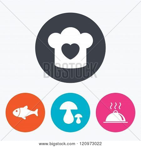 Chief hat, cooking pan icons. Fish and mushrooms