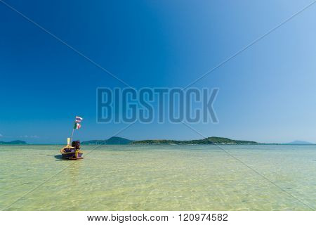 Traditional thai longtail boat at famous sunny Long Beach, Thailand, Koh Phi Phi Don, Krabi province, Andaman sea