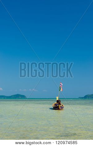 Traditional thai longtail boat at famous sunny Long Beach, Thailand, Koh Phi Phi Don, Krabi province, Andaman sea