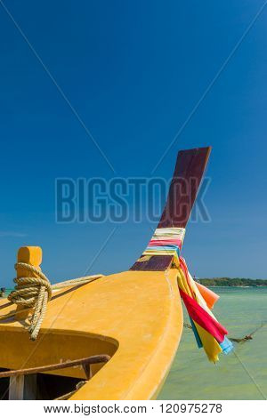 Traditional thai longtail boat at famous sunny Long Beach, Thailand, Koh Phi Phi Don, Krabi province, Andaman sea