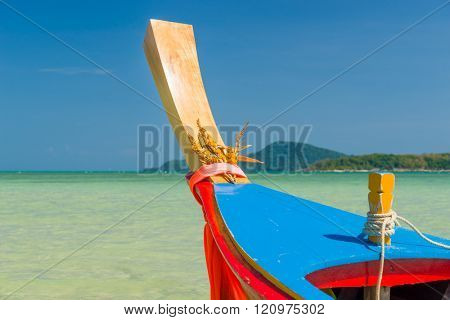 Traditional thai longtail boat at famous sunny Long Beach, Thailand, Koh Phi Phi Don, Krabi province, Andaman sea