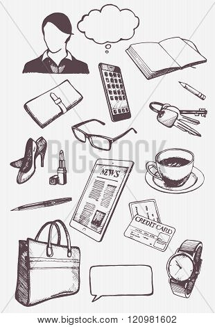 Set of hand drawn objects for business woman.