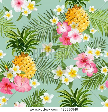 Tropical Flowers and Pineapples Background - Vintage Seamless Pattern - in vector