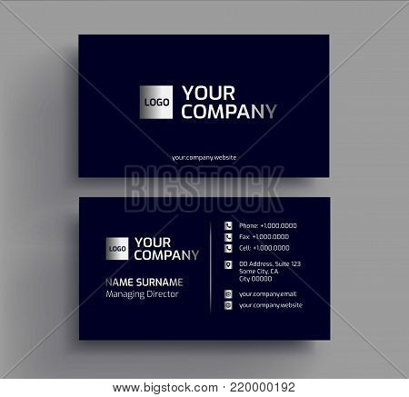 Stylish dark business card design template - black silver / platinum colors - vector
