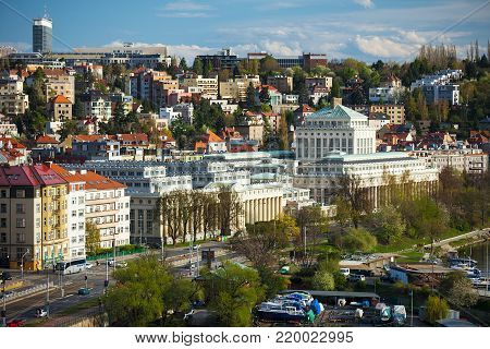Cityscape of Prague, aerial view of prague taken from vysehrad castle complex captures detail of typical red rooftops