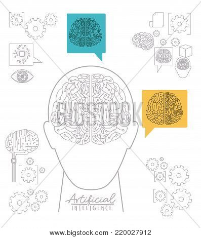 artificial intelligence poster with human head silhouette front view with electronic circuit in shape of brain over white background vector illustration