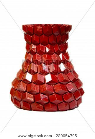 Abstract object of red color printed by 3d printer isolated on white background. Fused deposition modeling, FDM. Progressive modern additive technology. Concept of 4.0 industrial revolution