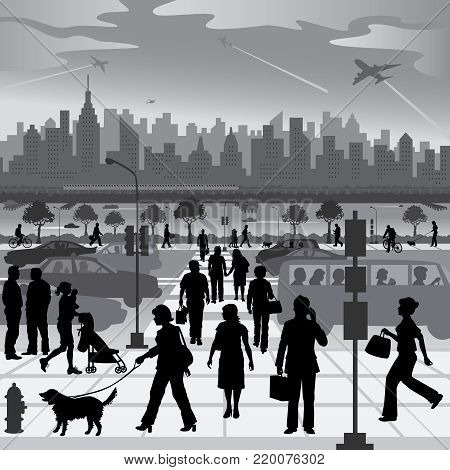Vector illustration of an urban scene of people walking, biking and in vehicles, with a generic city on a river with skyscrapers, railway, ships and aircraft.