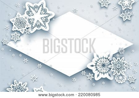 White winter snow paper cut background. Snowflakes christmas decoration and place for text to design banner, ticket, invitation, greetings, leaflet and so on. Realistic effect. Nature illustration.