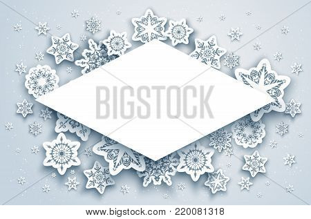 White winter snow paper cut background. Snowflakes christmas decoration and place for text to design banner, ticket, invitation, greetings, leaflet and so on. Realistic effect. Nature illustration.