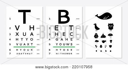 Various versions of the table for eye tests the adult and children's options isolated on white background. Vision test board optometrist