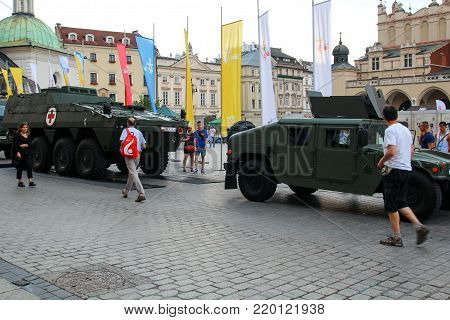 KRAKOW, POLAND -  2016: military vehicles on the Main Square during SDM