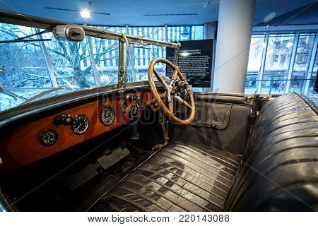 BERLIN - DECEMBER 21, 2017: Showroom. Interior of luxury car Rolls-Royce Phantom I Open Tourer, 1926. Coachwork by Windovers of London.