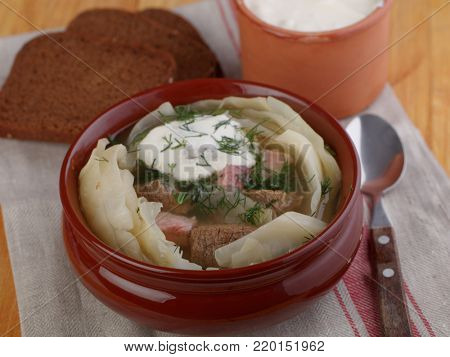 Lazy shchi, variation of traditional Russian cabbage soup with meat and sour cream