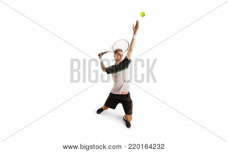 one caucasian man playing tennis player isolated on white background