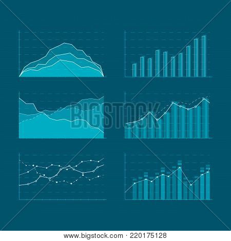 Business data market elements. Template diagrams and graphs flat icons set. Elements for HUD concept. Vector illustration isolated on a blue background