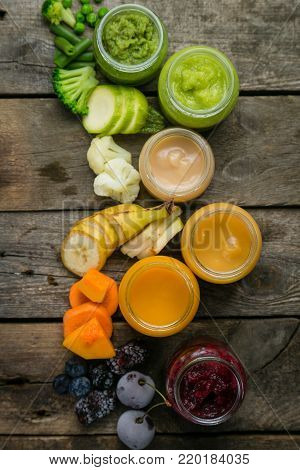 Colorful baby food purees in glass jars with ingredients. Healthy organic baby food concept. Starting solid food, delivery