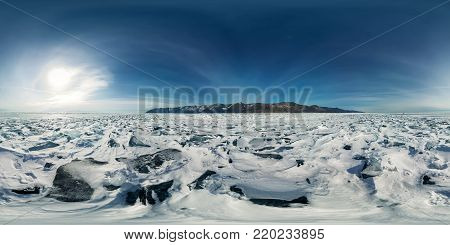 Blue Hummocks Of Ice Baikal At Sunset At Olkhon. Spherical Vr 360 180 Degrees Panorama.