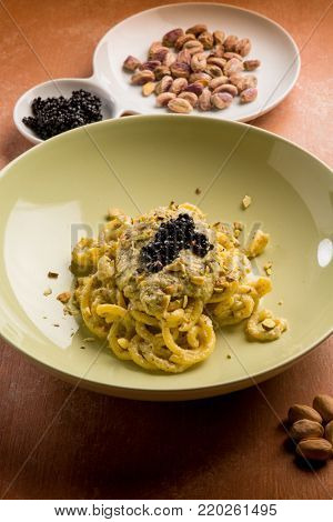 pasta with pistachio pesto and caviar
