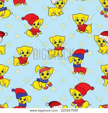 Seamless cartoon kid vector pattern with funny pappy in Santa clothes, blue background can be used separately