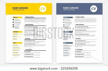 CV / Resume design template form yellow and dark blue - vector templates set
