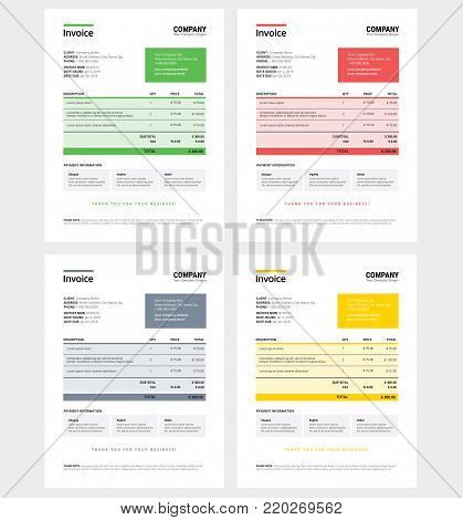 Invoice design template set - business company - yellow, green, red, grey color - vector template layouts