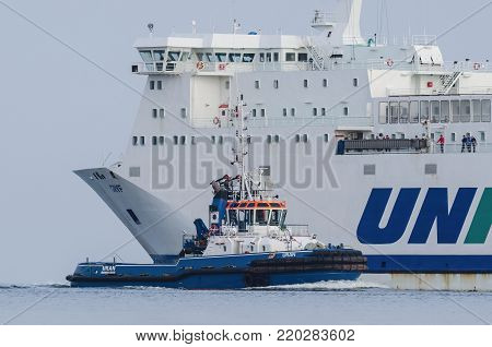 SWINOUJSCIE, POMERANIAN BAY / POLAND - 2017: The passenger ferry is sailing into the sea