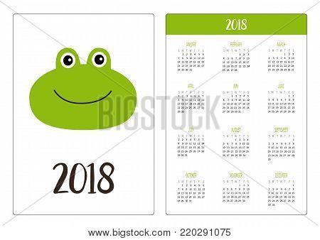 Pocket calendar 2018 year. Week starts Sunday. Black cat head face. Pink nose. Cute cartoon funny character. Kawaii animal. Love pet. Flat design style. White background. Isolated. Vector illustration