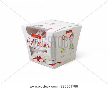 CHISINAU, MOLDOVA - January 1, 2018: Ferrero Raffaello in a box on white background. Raffaello is a spherical coconut almond confection that manufactured by Ferrero.