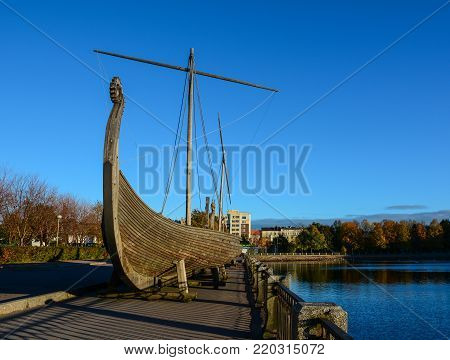 Vyborg, Russia - Oct 5, 2016. A Drakkar (Viking wooden boat) on the waterfront in Vyborg, Russia. Vyborg is 174km northwest of St Petersburg, and just 30km from the Finnish border.