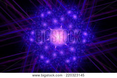 abstract winter flower with pink stars of blue and pink with rays and lines in the background on a black background.