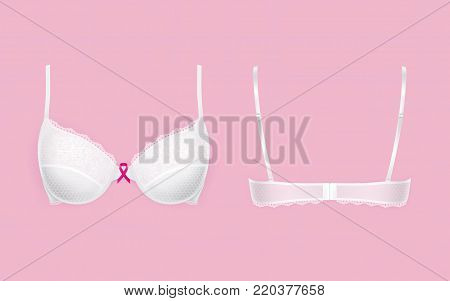 Realistic vector white bra with lace and small pink bow symbol breast cancer awareness, isolated front and back view. Element female underwear for breast support, woman lingerie. Template for mockup