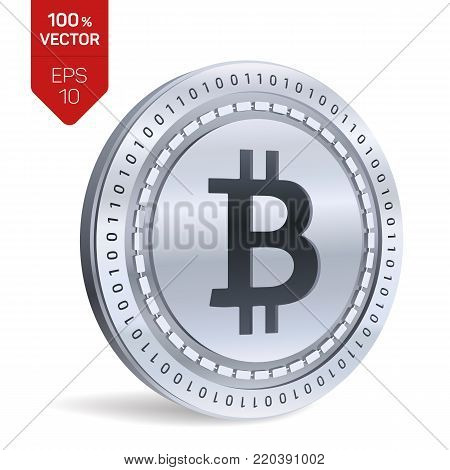 Bitcoin. 3D isometric Physical bit coin. Digital currency. Cryptocurrency. Silver coin with bitcoin symbol isolated on white background. Stock vector illustration