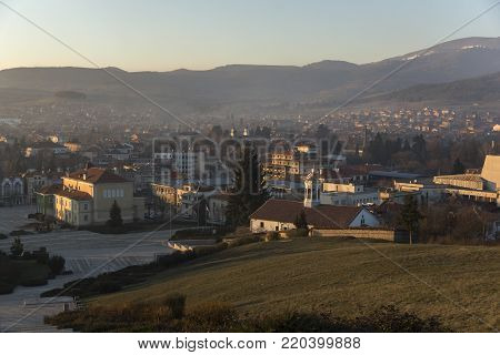PANAGYURISHTE, BULGARIA - DECEMBER 13, 2013: Panoramic view of Central square of Historical town of Panagyurishte, Pazardzhik Region, Bulgaria