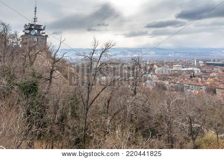 PLOVDIV, BULGARIA - DECEMBER 30, 2016:  Panoramic view of city of Plovdiv from Sahat tepe hill, Bulgaria