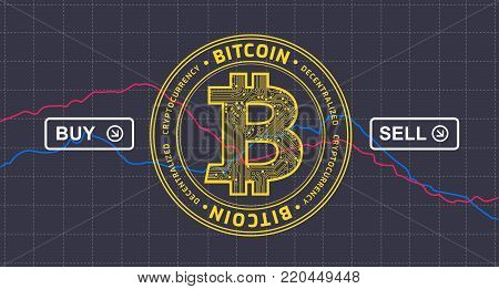 Bitcoin price drops down infographics - bitcoin cryptocurrency price fall chart - vector illustration banner with buy and sell buttons